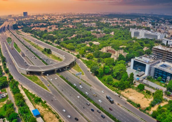 Down,Aerial,View,Of,Empty,Roads,Near,,Gurgaon,City